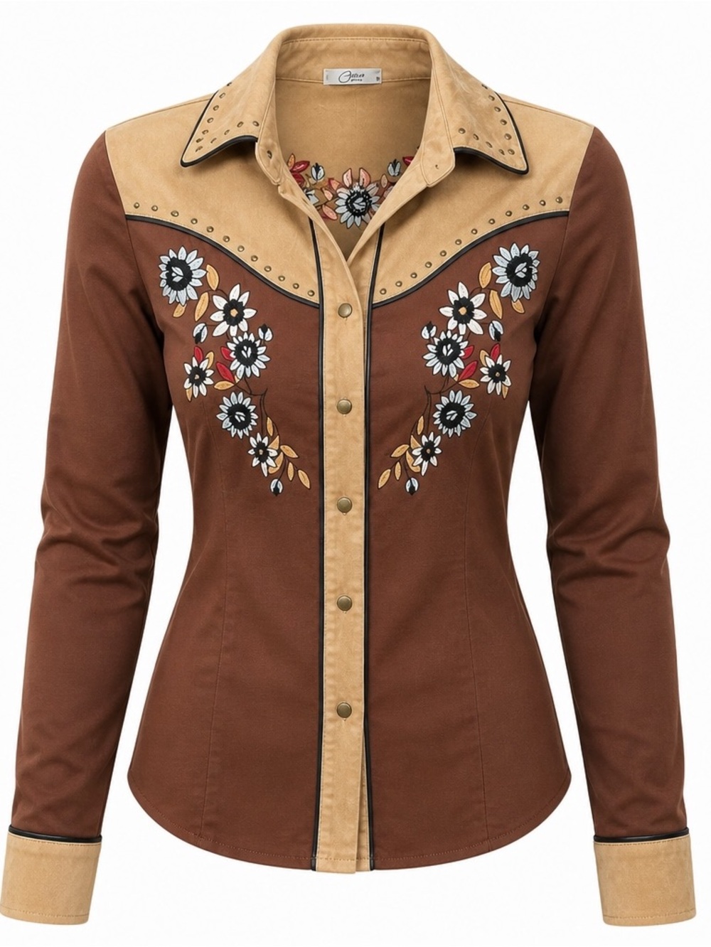 Womens Brown Western-Inspired - Cowgirl Button Down Shirt with Floral Embroidery